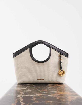 Michael Kors Haddie borsa tote piccola in tela color crema e nero-Bianco