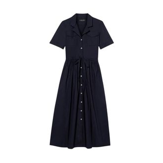 Brooks Brothers Overhemdjurk van katoen met ceintuur- midi-lengte en zakken - Dames - Shirt Kleedjes - Blauw - L - Katoen - Kleedjes