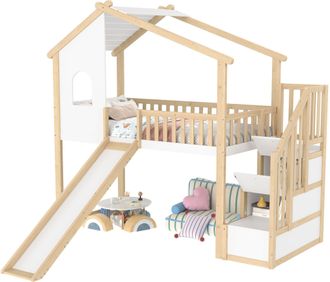 STILVORA Letto A Soppalco Letto Singolo Con Scivolo, Scala Contenitore E Sponde, 90 X 200 Cm, Senza Materasso, Naturale Bianco