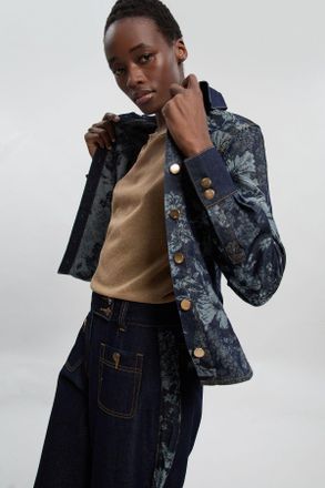 Karen Millen Womens Jacquard Denim Contrast Collar and Cuff Shirt - Dark Blue Cotton - Size 8 UK