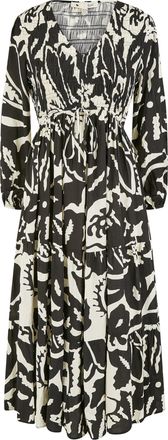 Yumi Black Abstract Print Ruched Midi Dress with Long Sleeves (UK, Numeric, 10, Regular, Regular, Black)