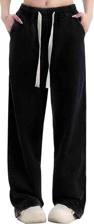 Generic Wide Leg Jeans for Women UK Elasticated High Waisted Denim Trouser Drawstring Jeans Stretchy Baggy Straight Leg Jean Pants Ladies Classic Washed Denim