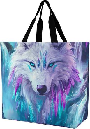 Generic Wolf Waterfall Reusable Shopping Bags One Shoulder Grocery Tote Bag Waterproof Big Purse for Work Travel