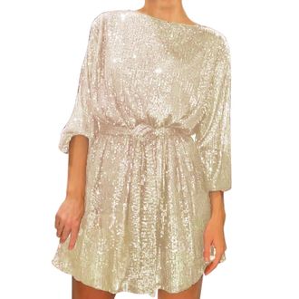 Generic Sequin Dresses for Women UK Long Sleeve Glitter Party Sparkle Loose Fit Shift Mini Short with Belt Plus Size Slim Tunic Swing for Daily Evening Weddin