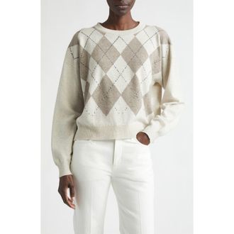 Johnstons of Elgin Clan Argyle Slouchy Cashmere Crewneck Sweater in Lunan Sand Colourway at Nordstrom, Size X-Large