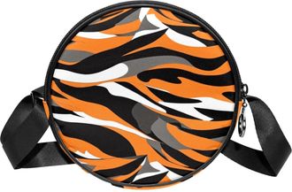 Generic Circle Crossbody Bag for Women, Orange Camouflage Small Sling Bag Daypack with Zipper Adjustable Shoulder Straps Casual Ladies Girls Round Purse