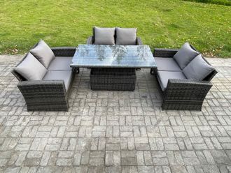 Fimous 6 Seater Rattan Wicker Garden Furniture Patio Conservatory Sofa Set with Height Adjustable Rising Lifting Table in Dark Grey