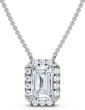 Pompeii3 3/4Ct Emerald Cut Diamond Halo Pendant 14k Gold 18 Necklace Lab Grown EF/VS