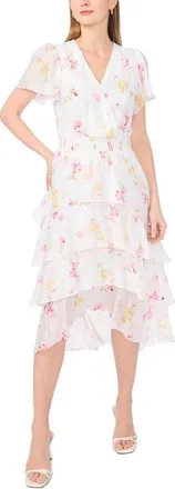 Vince Camuto Floral Short Sleeve Tiered Dress in Lemon Cream at Nordstrom, Size X-Large
