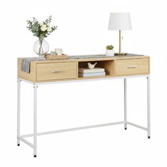 Relaxdays Tavolino Relaxdays, HLP 80x120x40 cm, 2 cassetti, ingresso e soggiorno, stile scandinavo, metallo e MDF, bianco/naturale