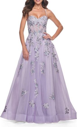 La Femme A-Line Tulle Prom Dress with Two Tone Lace in Lavender at Nordstrom, Size 00