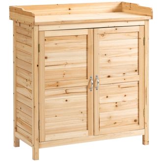 OUTSUNNY Armario De Jard&iacute;n De Madera Cobertizo Exterior Cobertizo Para Almacenaje Con 2 Puertas Estante Y Patas Elevadas 83x40x92 Cm Natural