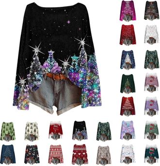 Generic Christmas Jumpers for Women UK Xmas Tree Graphic Knitted Sweater Women Lightweight Long Sleeves Xmas Tops Fashion Crew Neck Womens Pullover Sweaters F