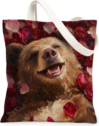 Generic Valentines Day Bear Canvas Tote Bag for Shopping 13x15, Oil Painting Wildlife Rose Reusable Grocery Print Pattern Bag for Women, Animal Beach Aestheti