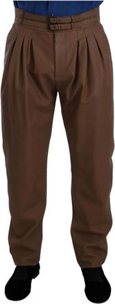 Dolce & Gabbana Bruine Leren Broek met Hoge Taille - Heren - Straight fit broeken - Bruin - M - Broeken
