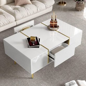 Merax 100cm White High-Gloss Coffee Table with 2 Drawers