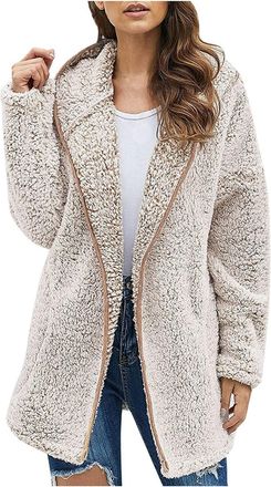 Generic Womens Fleece Jackets Ladies Zip Up Long Hoodie Fluffy Fleece Jacket Loose Long Sleeve Teddy Bear Coat Winter Warm Soft Sherpa Lined Sweatshirt Solid 
