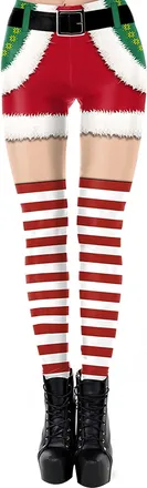 Feoya Womens Christmas Costumes Print Stretchy Leggings Xmas Funny Tights Santa Striped Leggings Yoga Skinny Pants Festival Trousers Workout Running Pilates