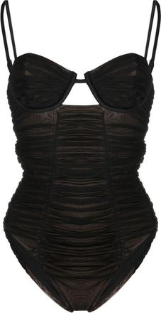 Self Portrait gathered mesh swimsuit - women - Recycled Polyester/Spandex/Elastane/Spandex/Elastane/Polyester - 12 - Brown