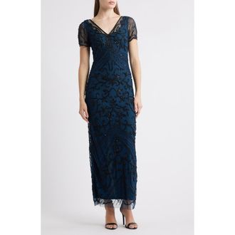 Pisarro Nights Beaded Mesh Column Gown in Peacock 405 at Nordstrom, Size 10
