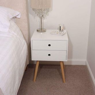 Home Source Industries Home Source - Bedside Cabinet Side Table White Nightstand with 2 Storage Drawers Wooden Legs
