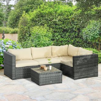 OUTSUNNY 3 Pcs Rattan Corner Sofa Set Coffee Table Garden Furniture w/ Cushion in Beige