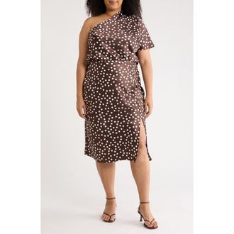 Renee C Polka Dot One-Shoulder Satin Midi Dress in Brown at Nordstrom Rack, Size 2 X