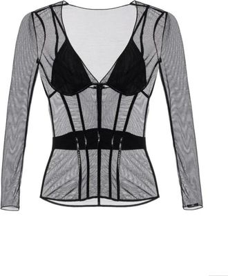 Elisabetta Franchi Overhemden, Dames, Zwart, XL, Tule, Top van Tule Stof met Vinyl Details