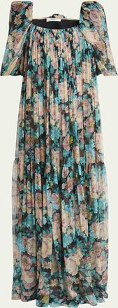 Chloé Long Floral Puff-Sleeve Silk Dress