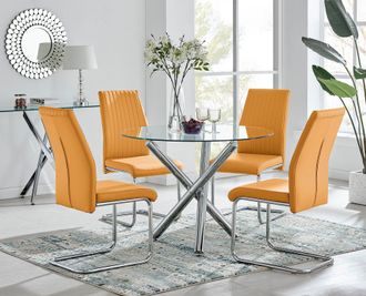Furniturebox Selina Round Glass & Chrome Metal Dining Table & Lorenzo Chairs Set in Mustard | Size: 2 Person
