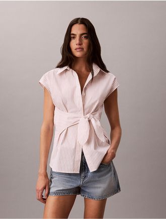 Calvin Klein Womens Cotton Poplin Stripe Tie Button-Down Shirt - Open White - XL