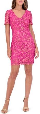 Kensie Embroidered Floral Lace Short Sleeve Sheath Dress in Pink/Gold at Nordstrom Rack, Size 12