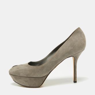 Sergio Rossi Grey Suede Peep Toe Platform Pumps