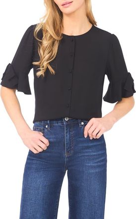 CeCe by Cynthia Steffe Bow Sleeve Button-Up Top in Rich Black at Nordstrom, Size Xx-Small