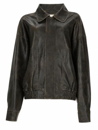 Alysi Brown Vintage Leather Bomber Jacket with Classic Collar