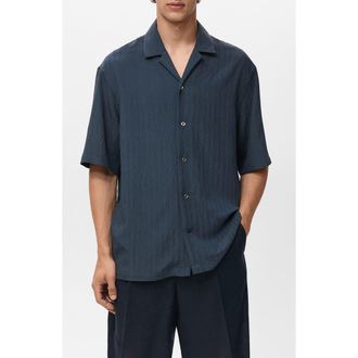 Mango Stripe Embroidered Camp Shirt in Navy at Nordstrom, Size X-Large