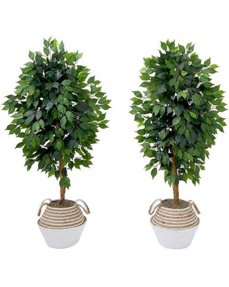 Nearly Natural Set Of Two 4.5Ft Artificial Ficus Trees With Double Trunk In Handmade Basket Diy Kit