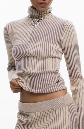 Desigual Check Rib Turtleneck Sweater in Brown at Nordstrom, Size X-Small