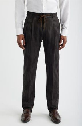 Zanella Nova Black Pinstripe Pleated Wool & Cotton Drawstring Dress Pants in Espresso at Nordstrom Rack, Size 35