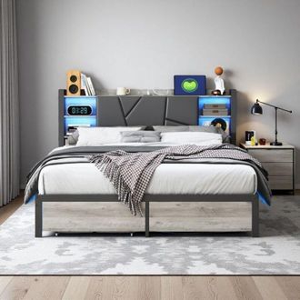 OEM Cama Doble 160x200 - Cofre Con Cajones - Iluminaci&oacute;n Rgb - Metal Y Madera Negra - 350kg