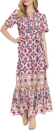 London Times Floral Short Sleeve Tie Waist Tiered Maxi Dress in Cream/Rose Wine at Nordstrom Rack, Size 14P