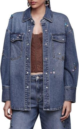 Avec Les Filles Oversize Jewel Embellished Denim Snap-Up Shirt in Highside - Multicolor Gem at Nordstrom, Size X-Small