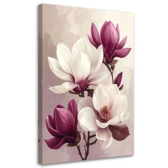 Feeby Cuadro En Lienzo Magnolias Blancas Con Capullos Burdeos Sobre Fondo Claro 80x120