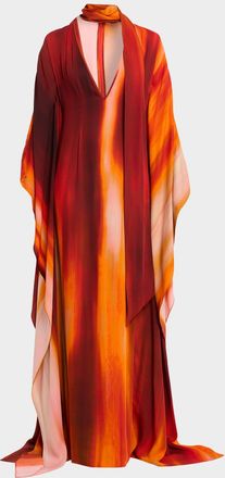 LaQuan Smith Plunging Neck-Scarf Dolman-Sleeve Caftan Gown