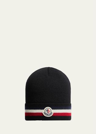 Moncler Mens Stripe Logo Emblem Wool-Knit Beanie Hat