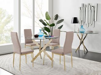 Furniturebox Novara 100cm Round Tempered Glass Dining Table with Gold Legs & 4 Milan Faux Leather Chairs in Beige