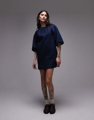 Topshop denim mini shift dress with balloon sleeves in raw look indigo-Blue