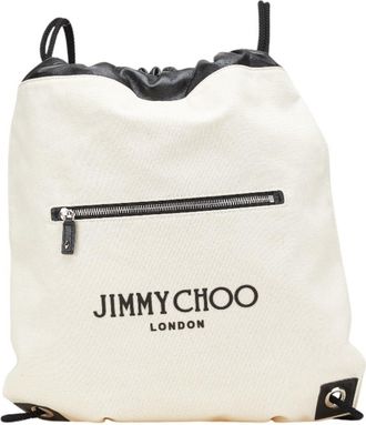 Jimmy Choo London Beige Black Canvas Leather Backpack (Pre-Owned)