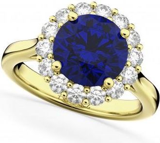 Allurez Halo Round Lab Blue Sapphire & Lab Grown Diamond Engagement Ring 14K Yellow Gold 4.45ct