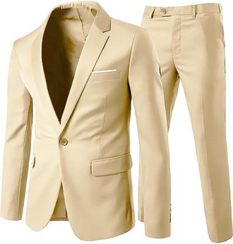 AlltheMen Mens Suits 2 Piece Slim Fit Wedding Dress Suit One Button Business Suit Blazer Jackets Trousers Beige1 2XL